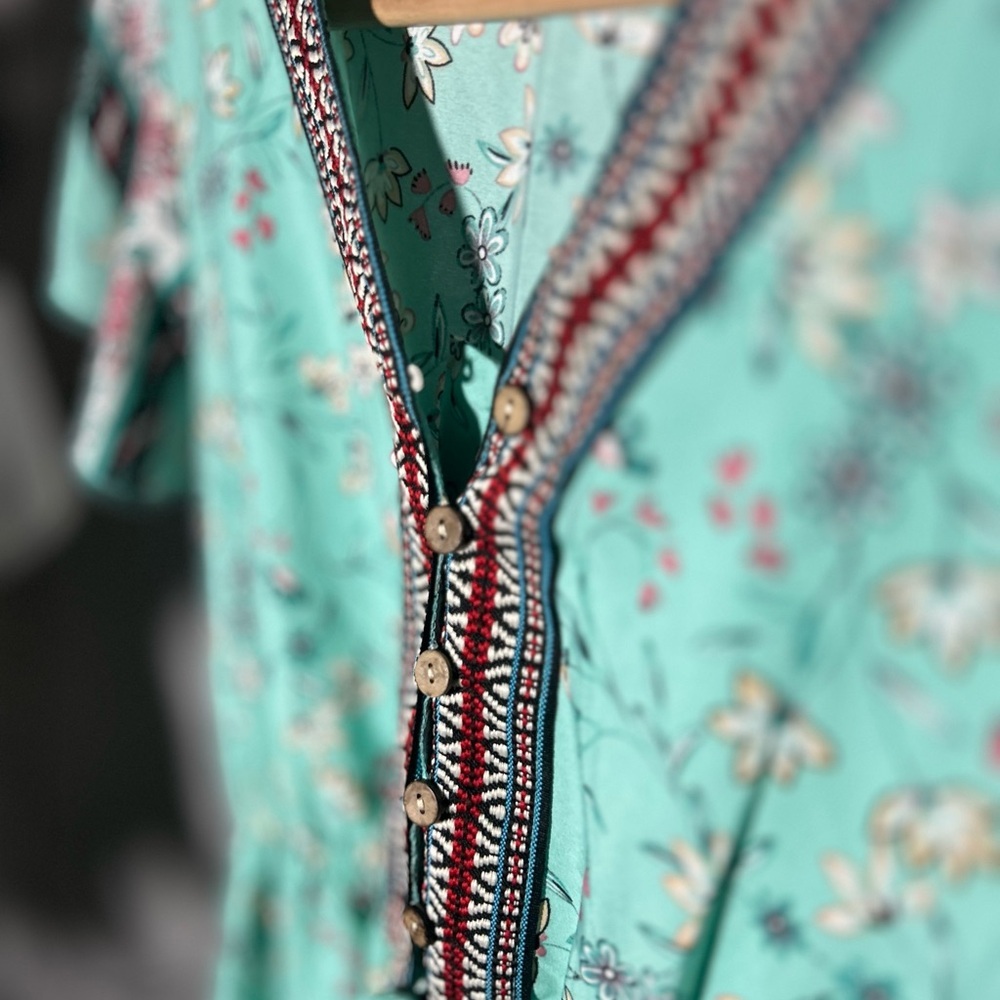 C+D+M Floral Dress Teal Base w/ Multi Flowers, Button Bust + Drawstring Waist - Picture 4 of 5
